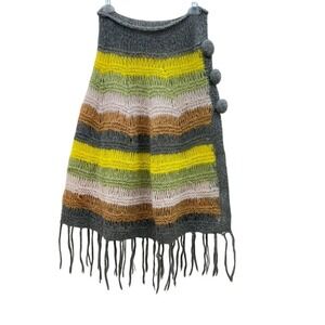 Knitted Fringe Poncho Wrap Gray Green Yellow Multicolor Pom Pom One Size Boho‎